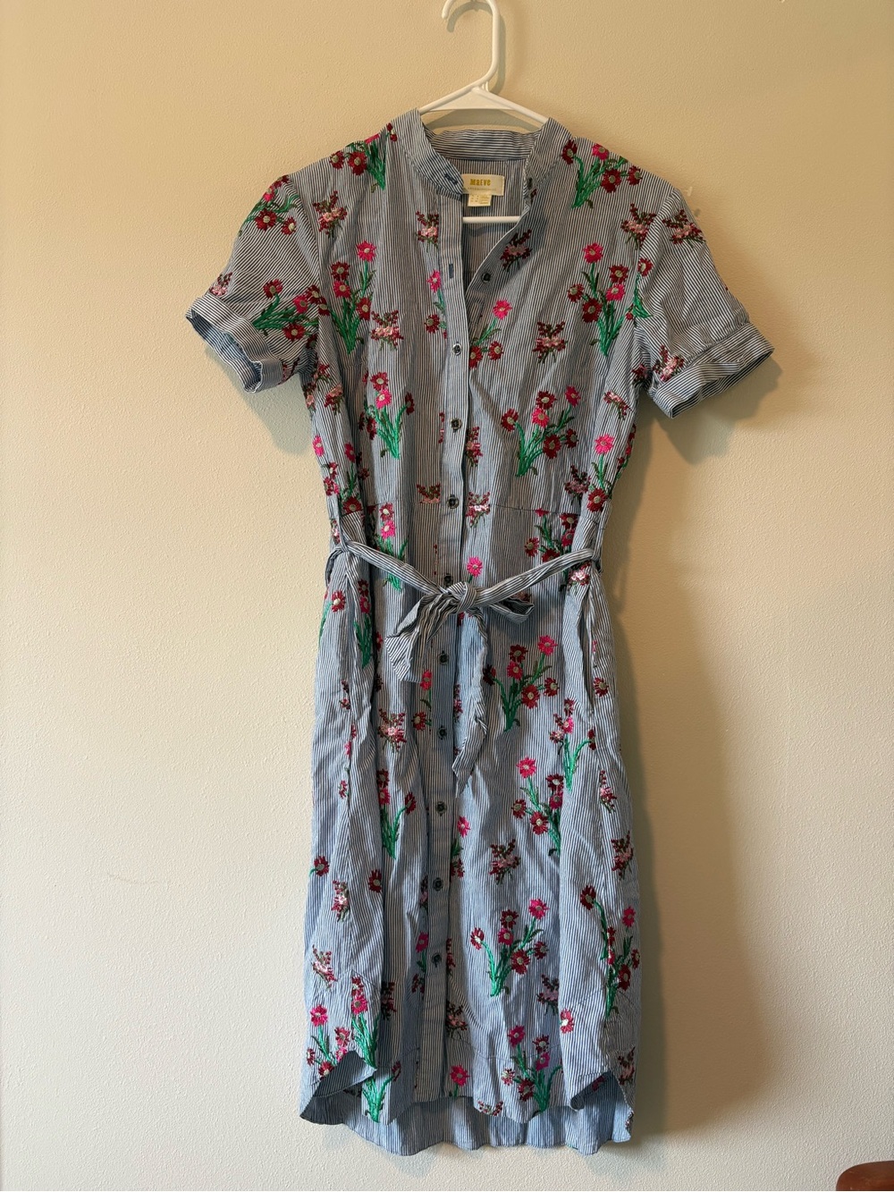 Maeve Blue Striped Midi Dress with Pink & Green Floral Embroidery